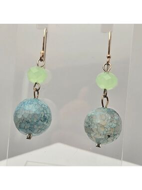 Handmade Crackle Agate Earrings Blue Green Gemstone 925 Sterling Silver Hooks